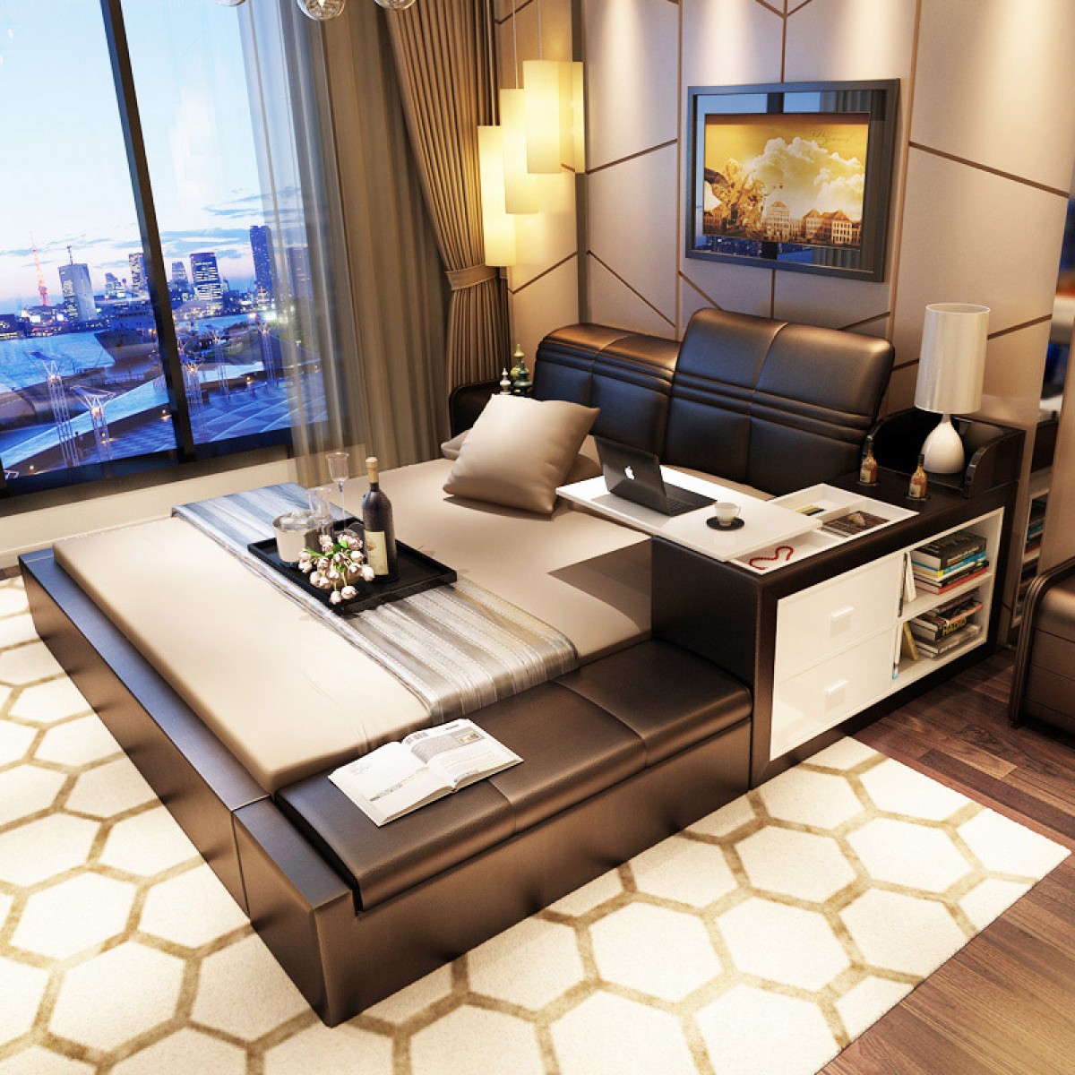 創意真皮床雙人床現代婚床1.8米1.5榻榻米床儲物床皮藝床軟床大床 床側儲物 升降靠背 雙ll價格 更低